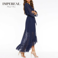 Navy Wrap Belted Dip Hem Midi Sleeve Soiree Midi Chiffon Dress